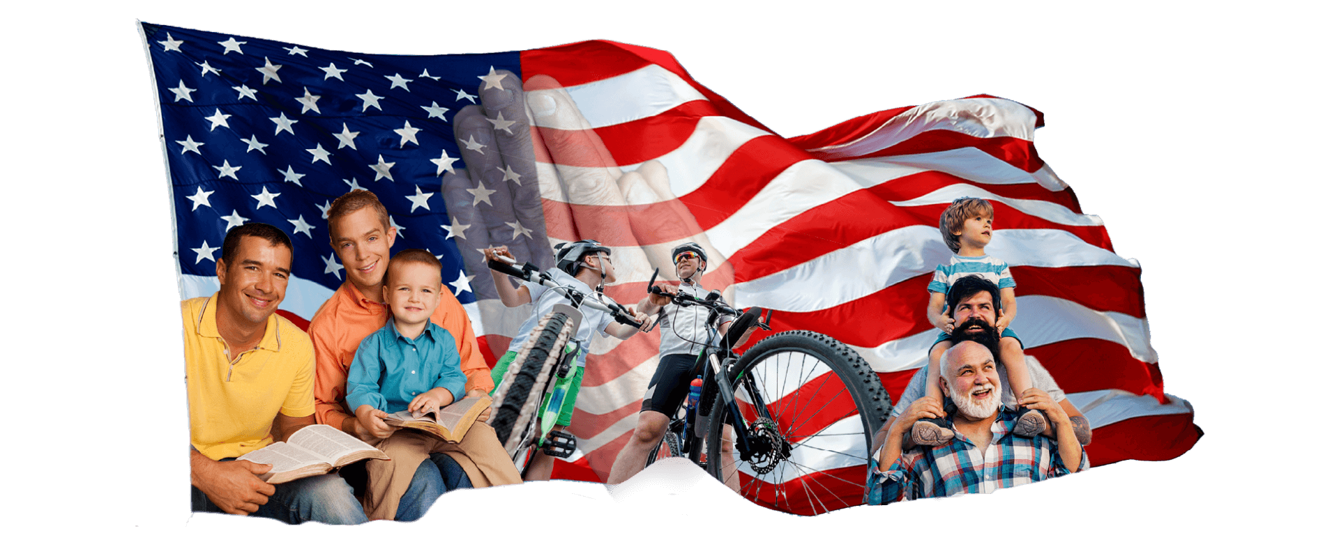 happy men and boys with an american flag in Background